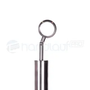 Einzelner Handlaufhalter aus Edelstahl, an einer Stange befestigt, vor weißem Hintergrund. Die obere Platte ist schwenkbar, was eine flexible Anpassung des Handlaufwinkels ermöglicht.