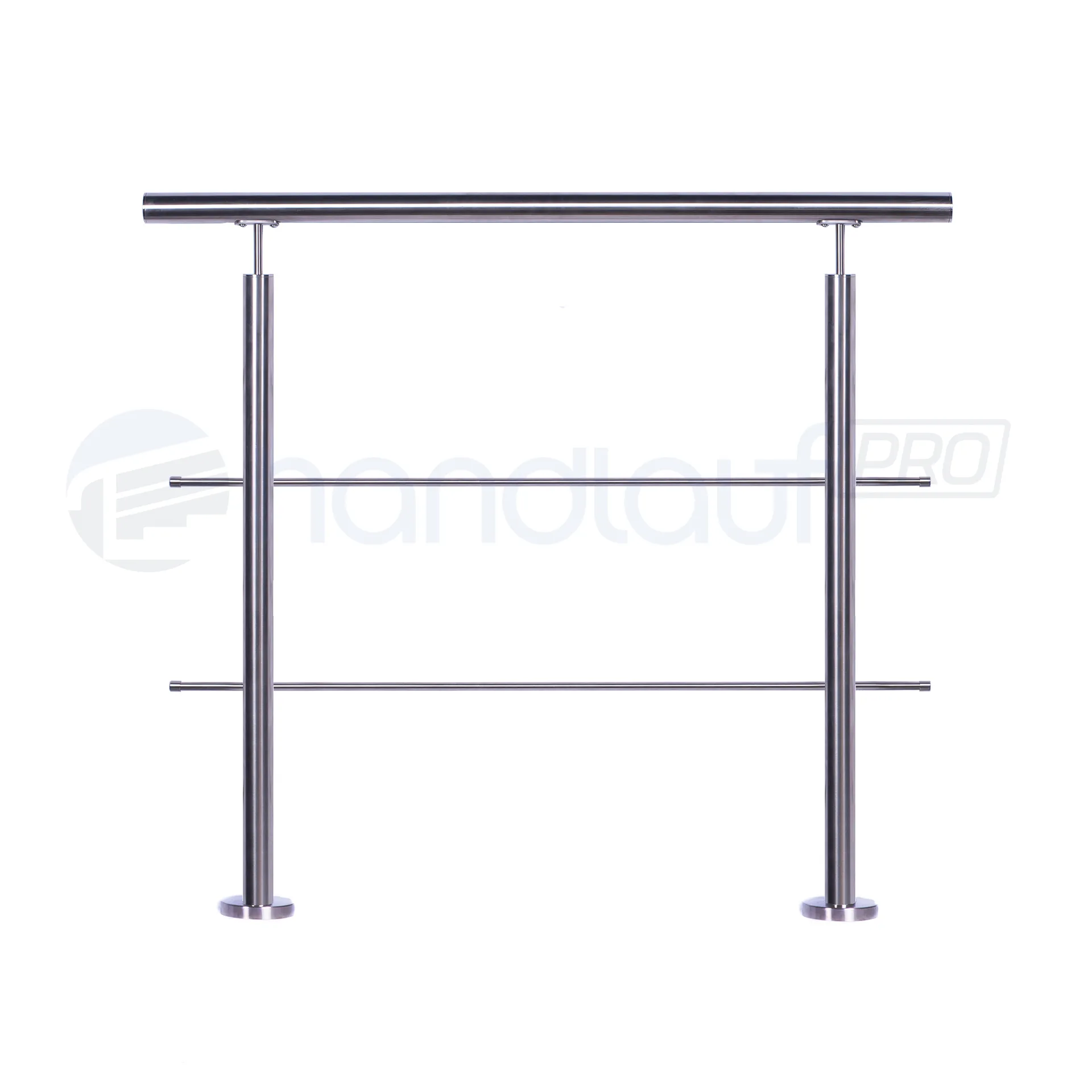 Relinggeländer aus Edelstahl, aufgesetzt, mit 2 Relingstäben. Modernes Design für Balkon und Terrasse. Robuste Konstruktion für hohe Sicherheit.