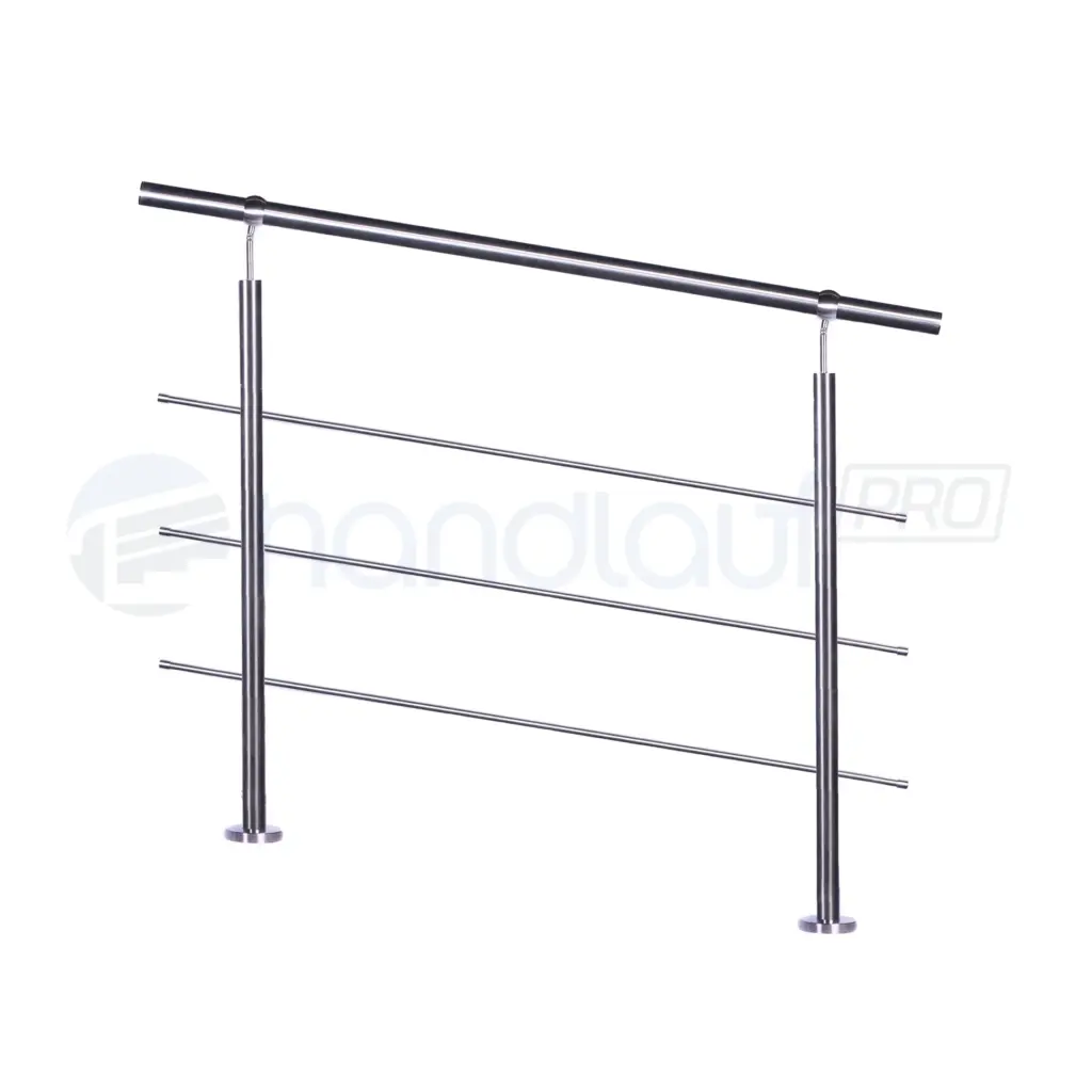 Seitenansicht: Relinggeländer aus Edelstahl, aufgesetzt, mit 3 Relingstäben. Harmoniert perfekt mit verschiedenen Einrichtungsstilen.