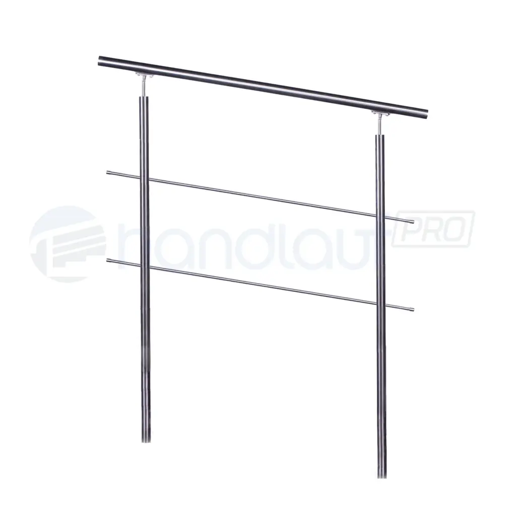 Einbetoniertes Relinggeländer aus Edelstahl mit zwei Querstreben. Wetterfest und stabil, ideal für den Einsatz im Außenbereich. Schlichtes Design für eine moderne Optik.