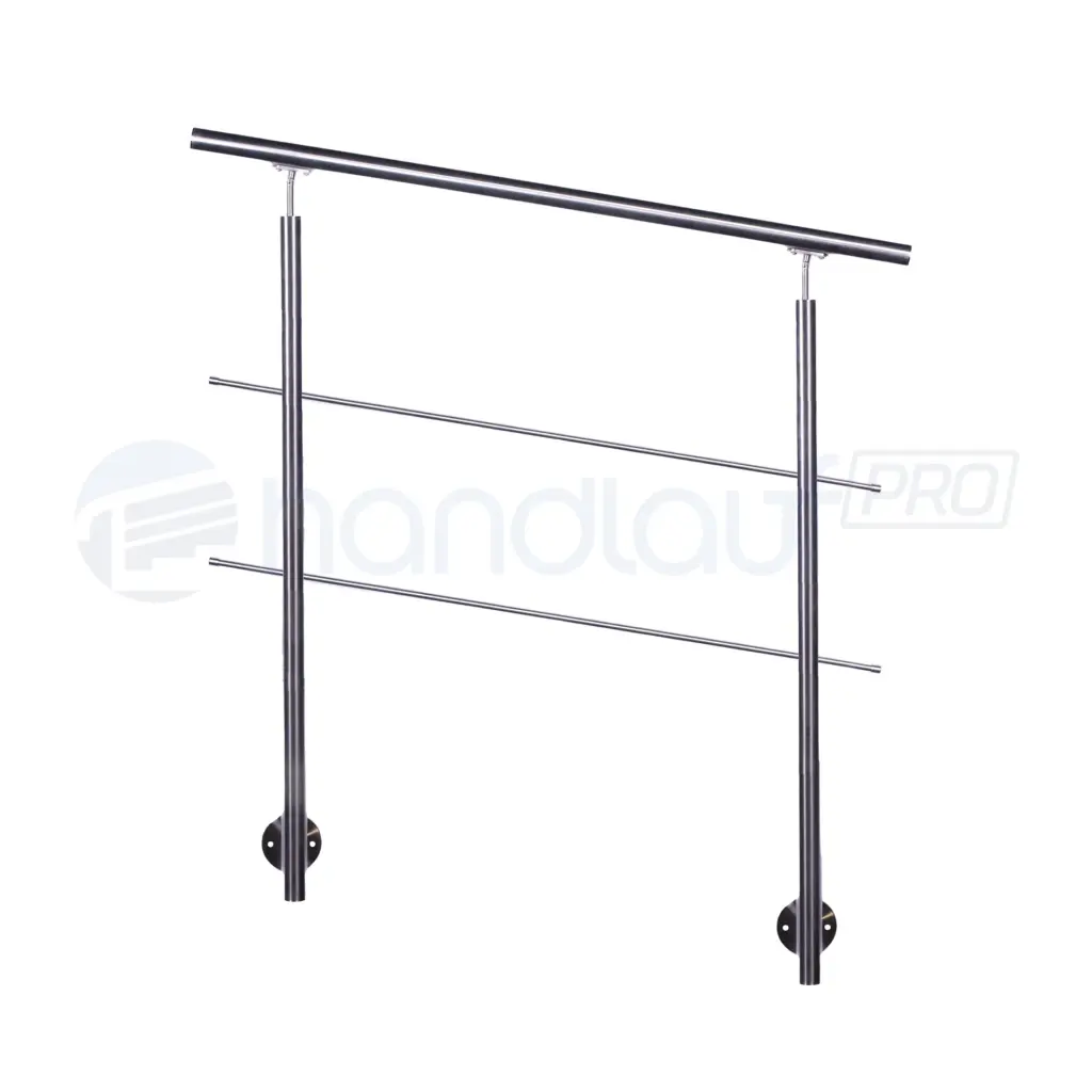 Seitlich montiertes Relinggeländer aus Edelstahl mit 2 Querstreben. Robuste Konstruktion für den Außenbereich. Langlebig und Wetterbeständig.