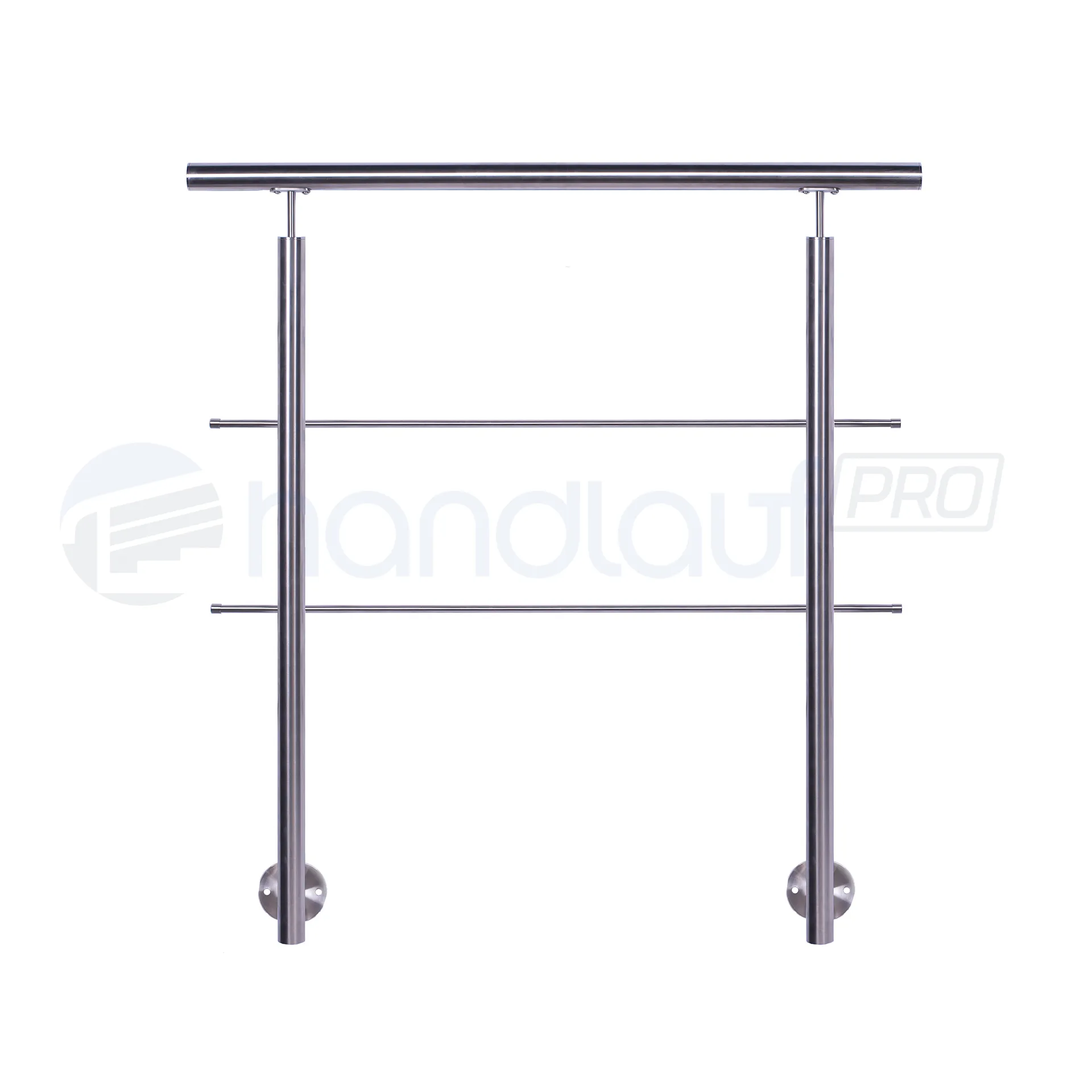 Seitlich montiertes Relinggeländer aus Edelstahl mit 2 Querstreben. Schlichtes Design für moderne Balkone und Terrassen.