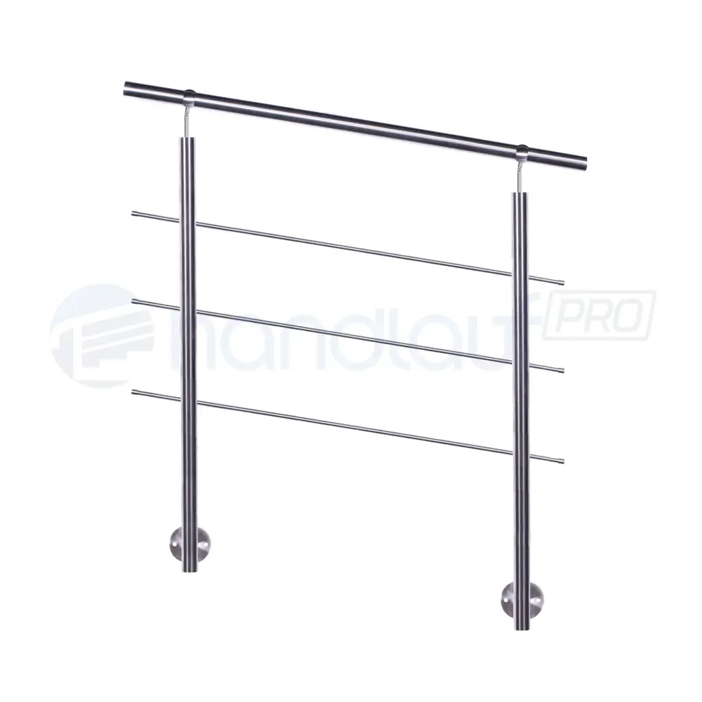 Seitlich montiertes Relinggeländer aus Edelstahl mit 3 Querstreben und Kugelring-Halter. Verleiht Ihrem Außenbereich einen modernen Touch. Ansprechende Optik.