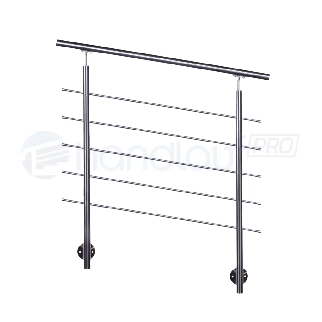 Seitlich montiertes Relinggeländer aus Edelstahl mit 5 Querstreben. Langlebig und zuverlässig für viele Jahre Freude an Ihrem Geländer.