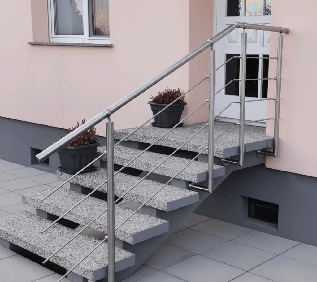 Treppengelaender Edelstahl Aussentreppe mit 4 Querstreben - Handlaufpro