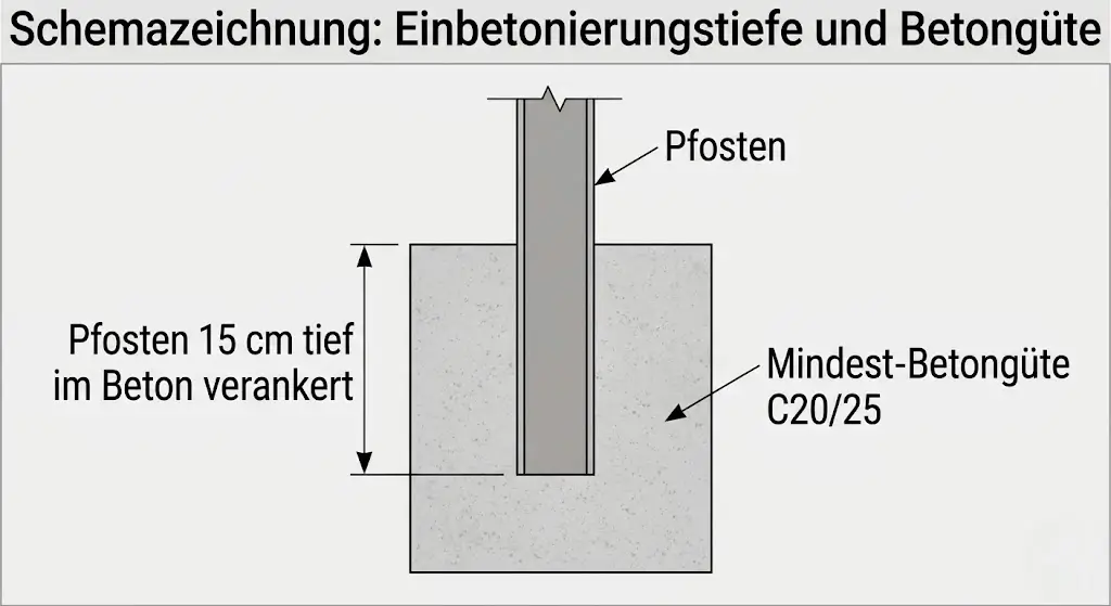 Schnittzeichnung: Pfosten 15 cm tief im Beton verankert, Mindest-Betongüte C20/25