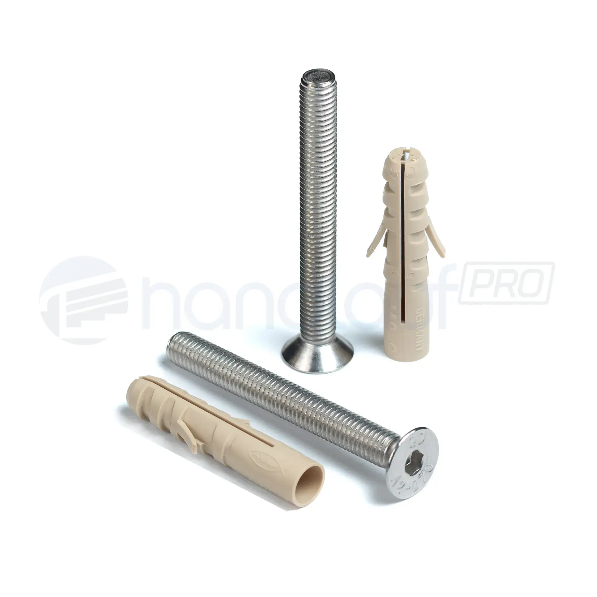 Set 2x Senkschrauben M8x70 mit Dübel M8x50 Befestigungsmaterial aus Edelstahl für Geländer und Handläufe. Schrauben und Dübel für eine sichere Montage.