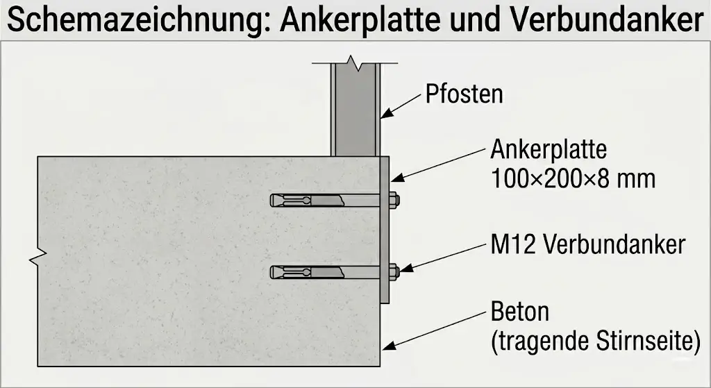 Schnittzeichnung: Ankerplatte 100×200×8 mm mit M12 Verbundankern an tragender Stirnseite