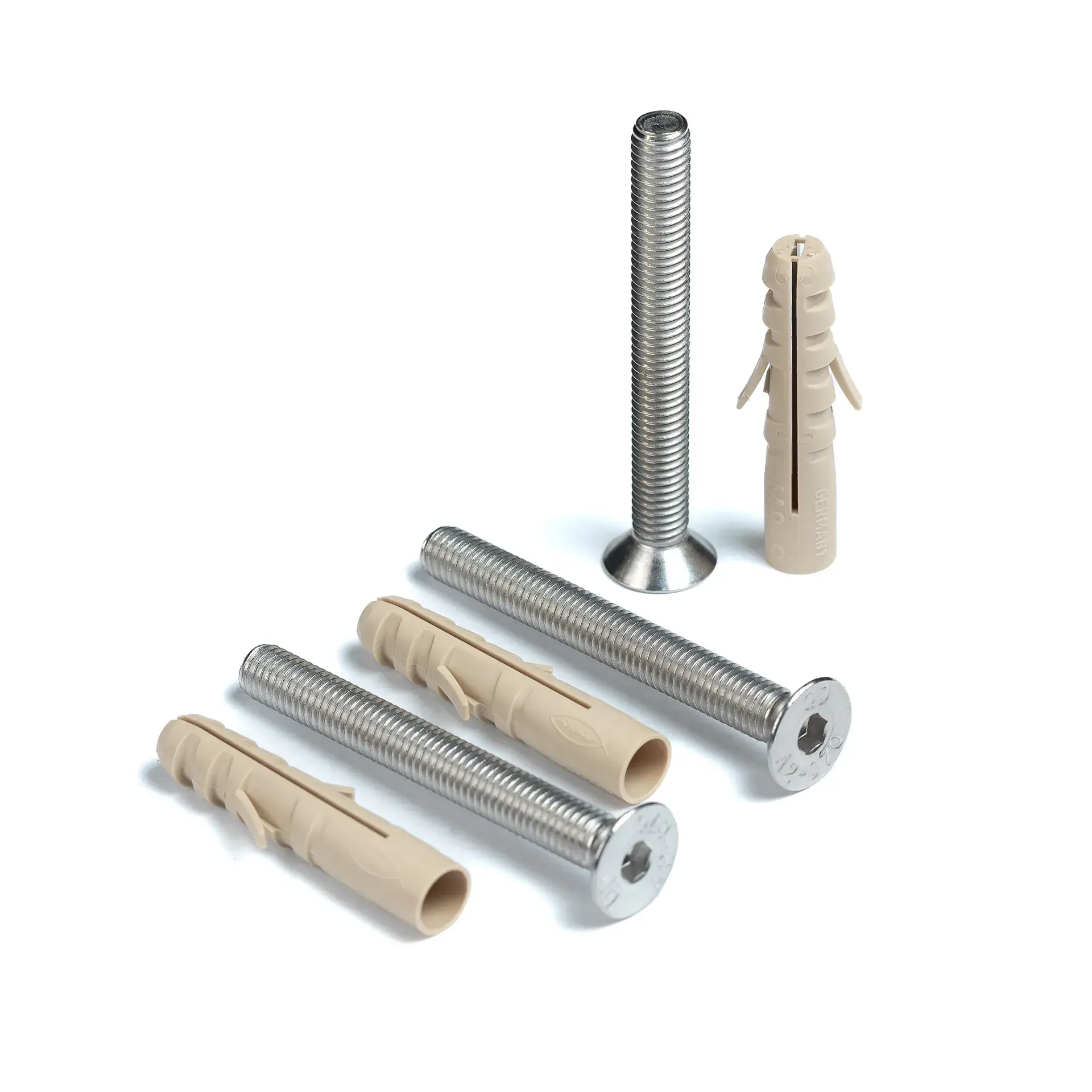 Set 3x Senkschrauben M8x70 mit Dübel M8x50 Befestigungsmaterial aus Edelstahl für Geländer und Handläufe. Schrauben und Dübel für eine sichere Montage. | Handlaufpro