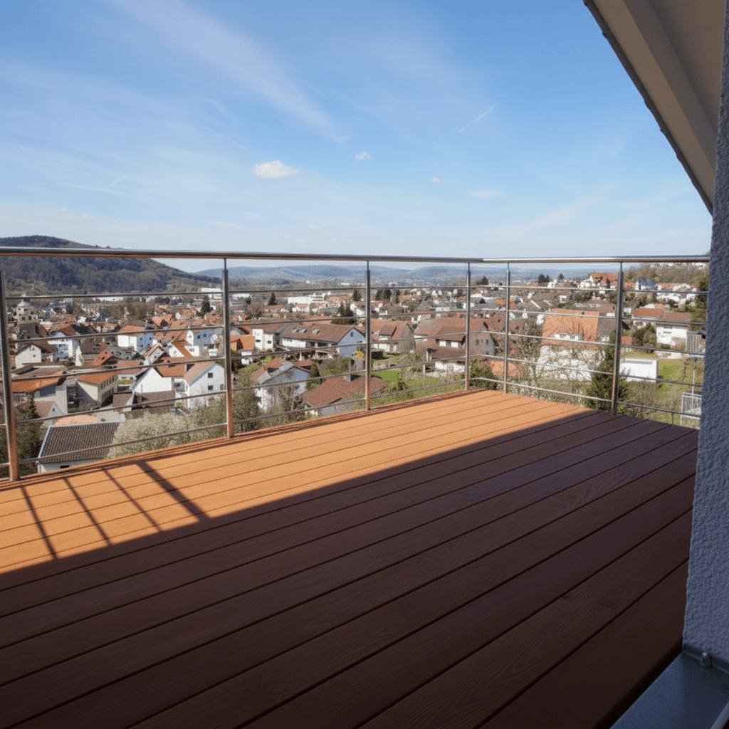 Edelstahl Balkongeländer seitlich montiert mit 5 Füllstäben und Trägerplatte | Handlaufpro