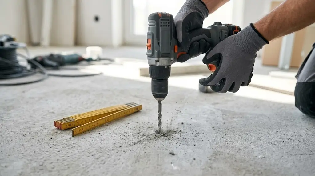 Handlauf und Treppengeländer befestigen: Schlagbohrer im Einsatz beim Bohren in Beton