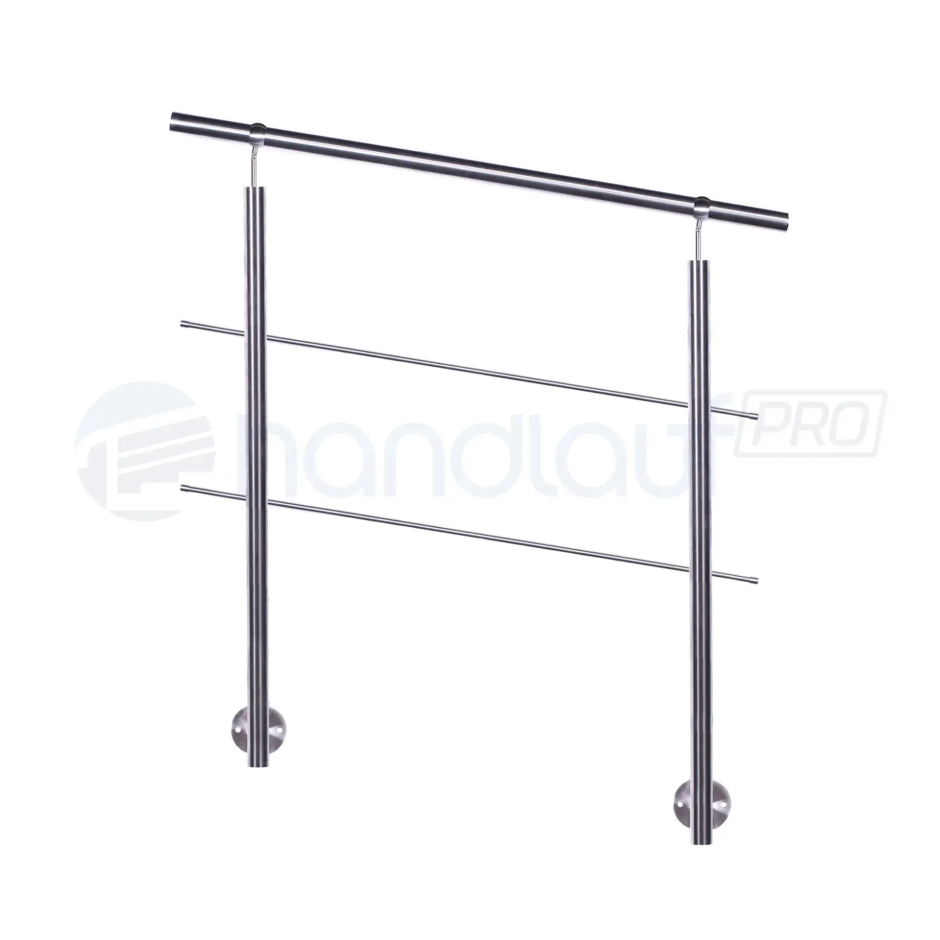 Relinggeländer seitlich mit 2 Füllstäben Seitlich montiertes Relinggeländer aus Edelstahl mit 2 Querstreben und Kugelring-Halter. Elegante Optik mit sicherer Befestigung. Premium Qualität.