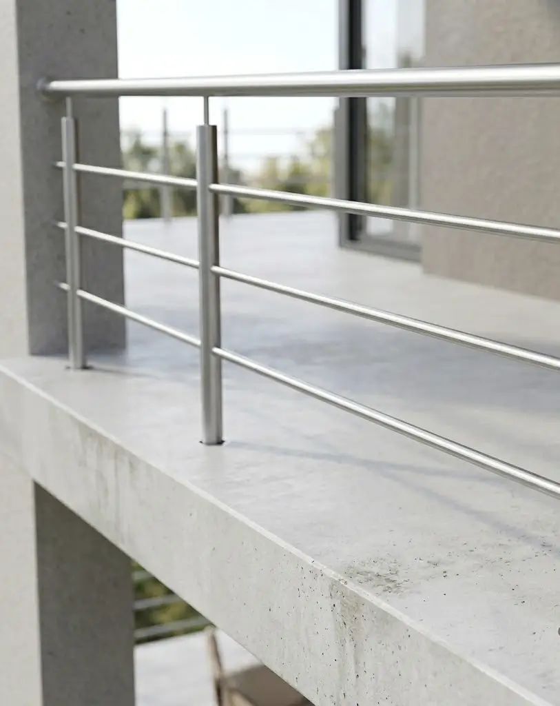 Balkongeländer Edelstahl einbetoniert — Pfosten direkt im Beton verankert mit 3 Querstreben