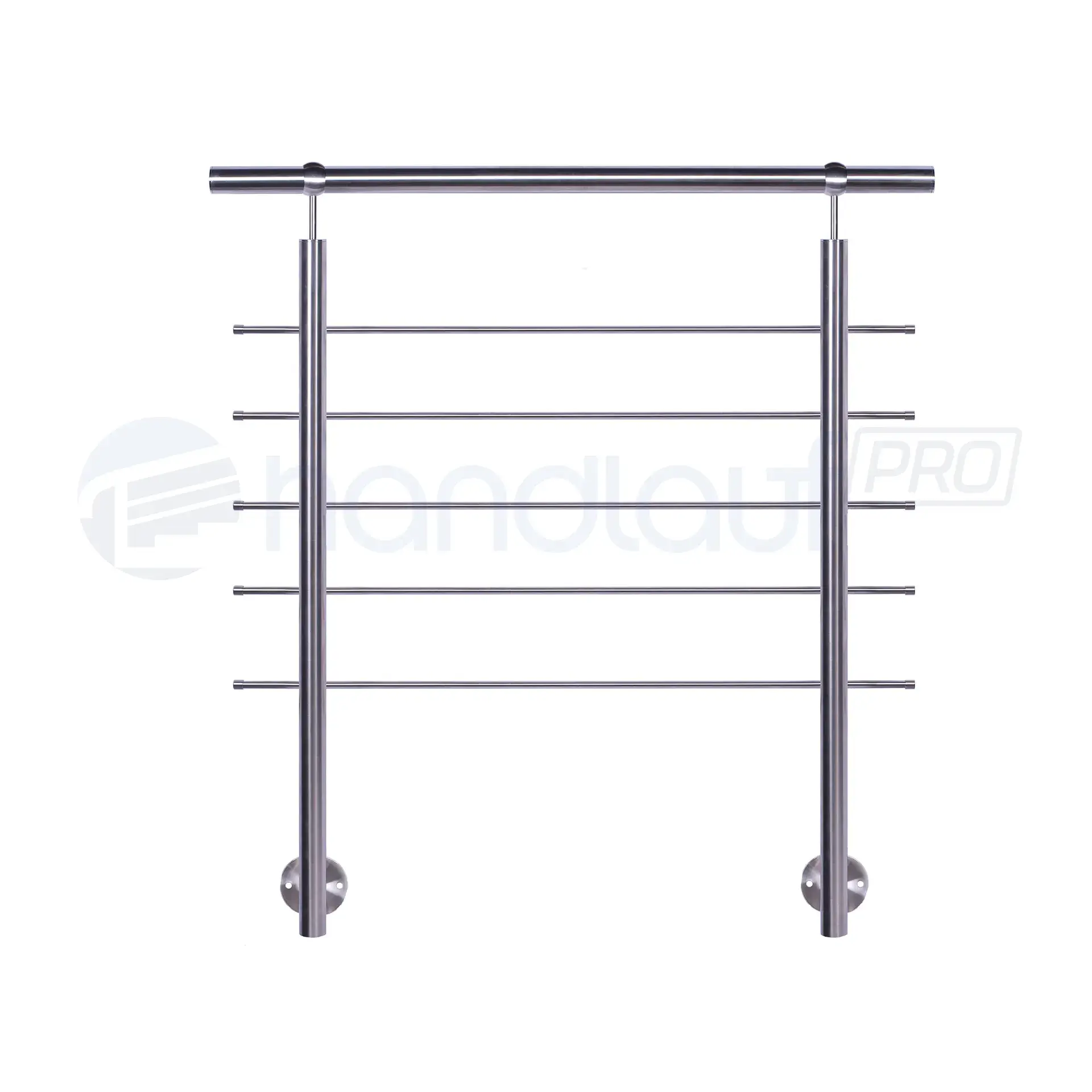 Seitlich montiertes Relinggeländer aus Edelstahl mit 5 Querstreben und Kugelring-Halter. Premium-Qualität für höchste Ansprüche an Sicherheit und Design.