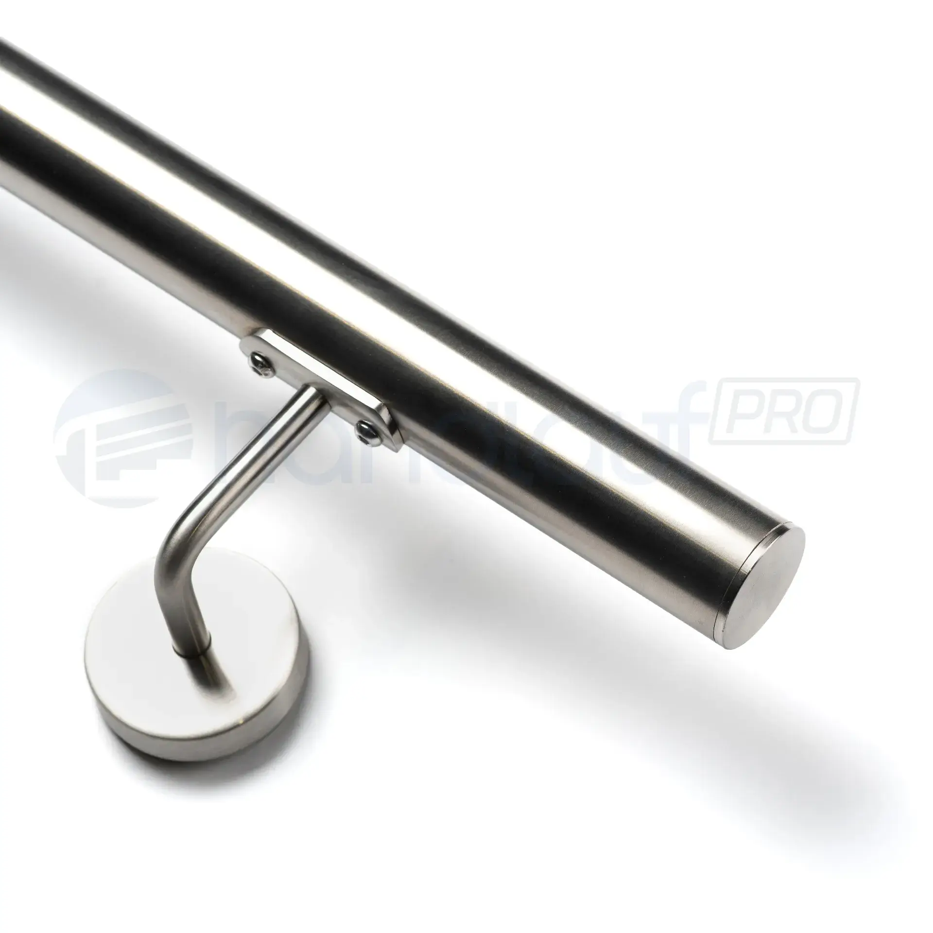 Edelstahl Handlauf V2A - Halter Trägerplatte Handlauf Edelstahl mit Trägerplatte und flacher Endkappe. Moderne Befestigung für Wandmontage.