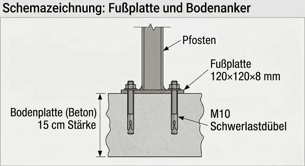Schnittzeichnung: Fußplatte 120×120×8 mm mit M10 Schwerlastdübeln auf 15 cm Beton
