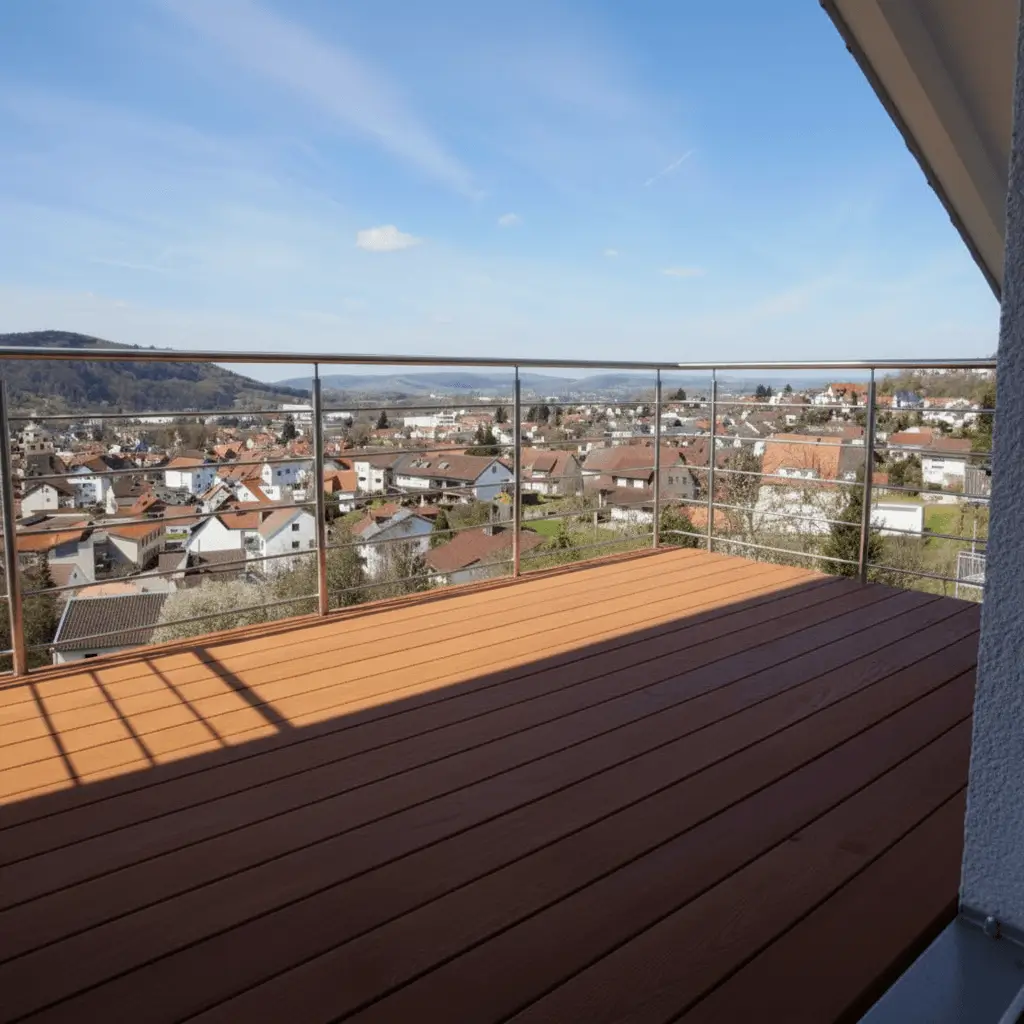 Edelstahl Balkongeländer seitlich montiert mit 5 Füllstäben und Trägerplatte | Handlaufpro