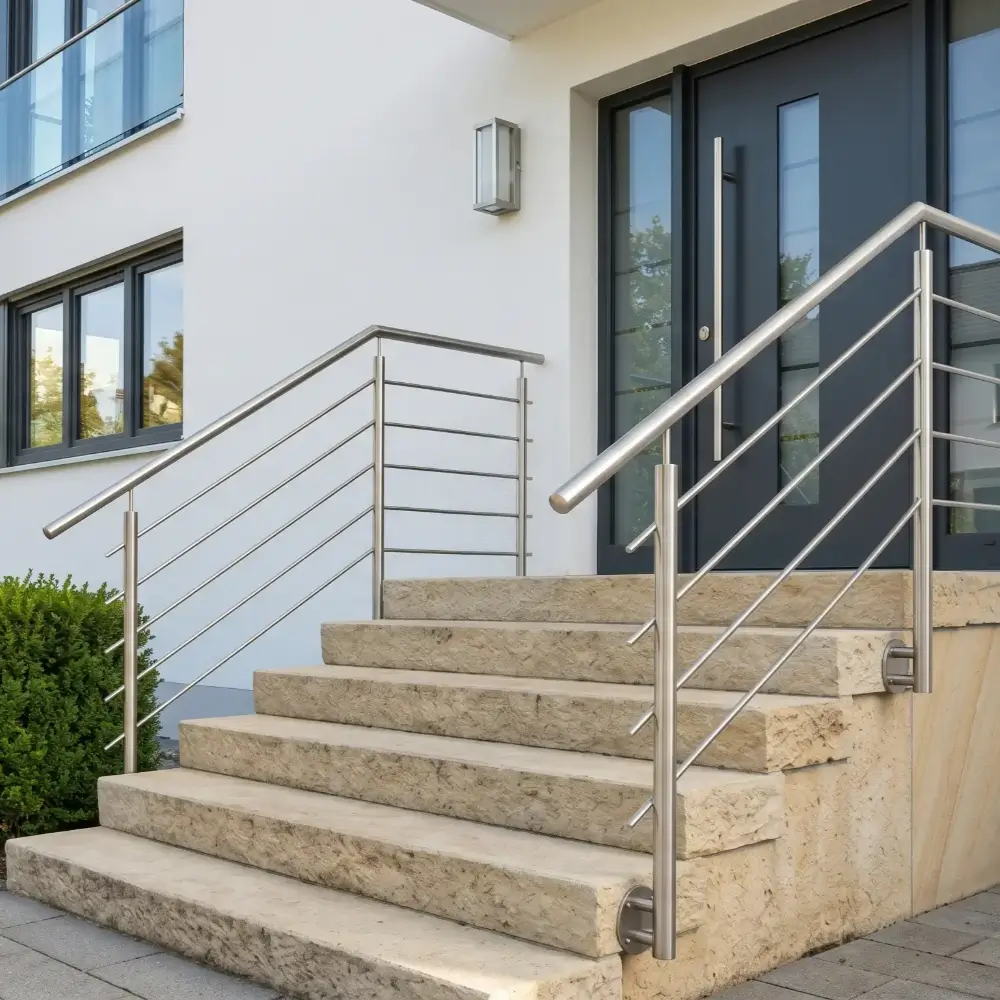 Aussentreppe mit Edelstahl Treppengelaender vorgesetzt mit 4 Querstben - handlaufPRO