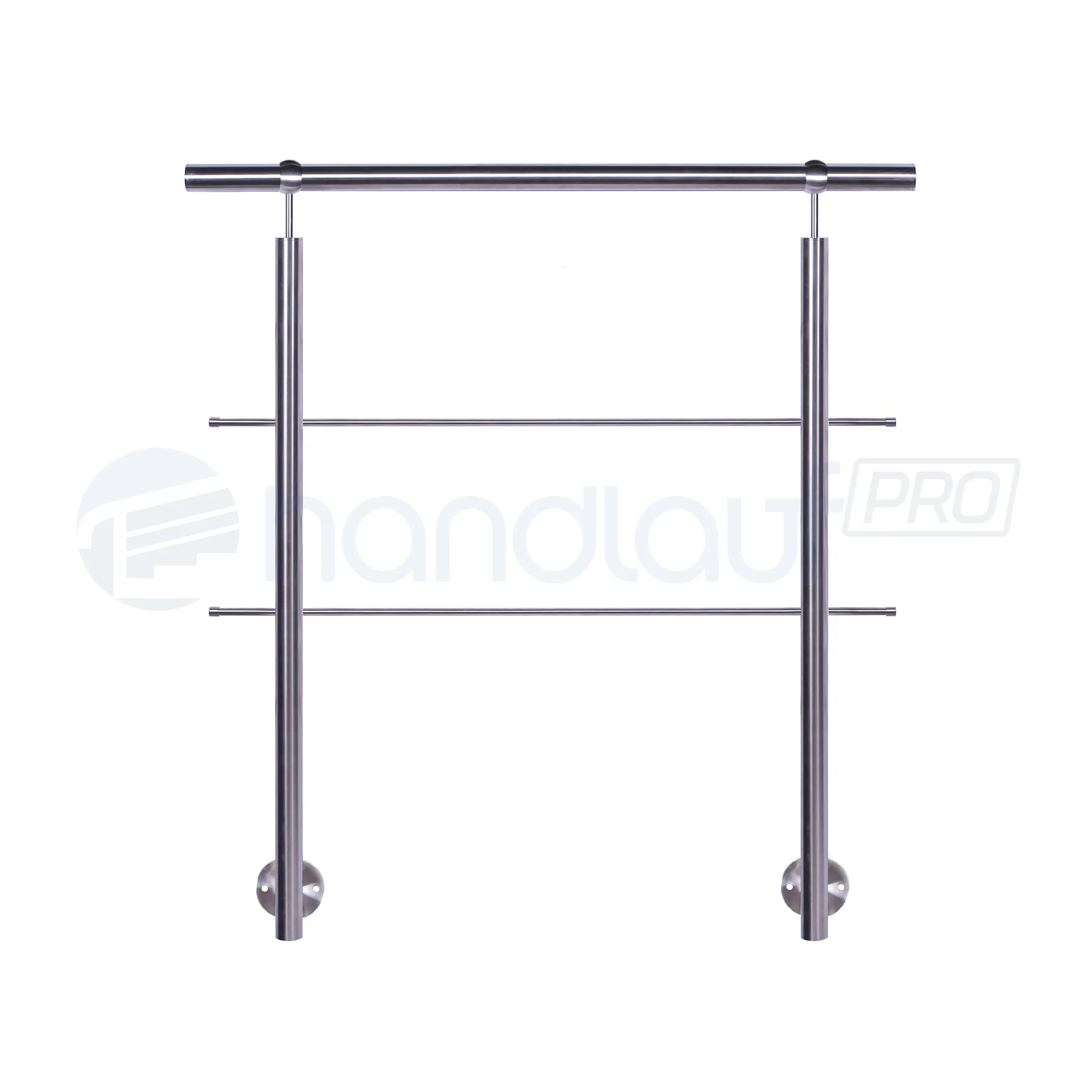 Relinggeländer seitlich Seitlich montiertes Relinggeländer aus Edelstahl mit 2 Querstreben und Kugelring-Halter. Hochwertige Materialien und einfache Montage.