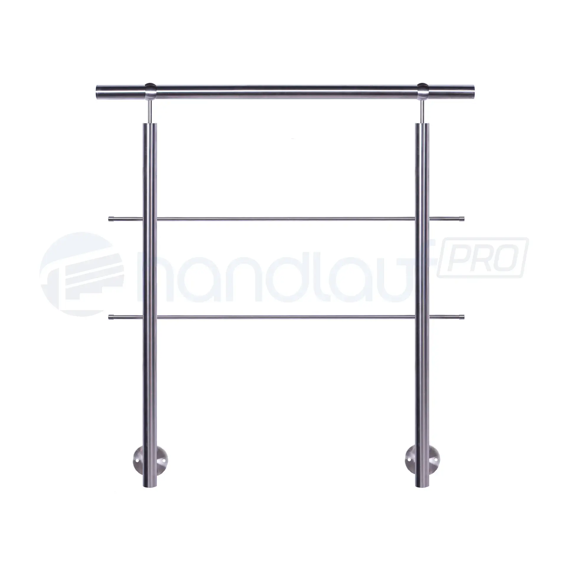 Seitlich montiertes Relinggeländer aus Edelstahl mit 2 Querstreben und Kugelring-Halter. Hochwertige Materialien und einfache Montage.