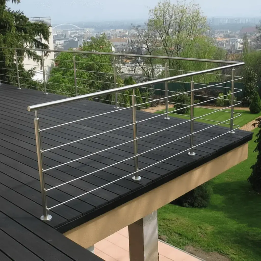Terrassegelaender Edelstahl aufgesetzt mit 5 Querstreben - Handlaufpro