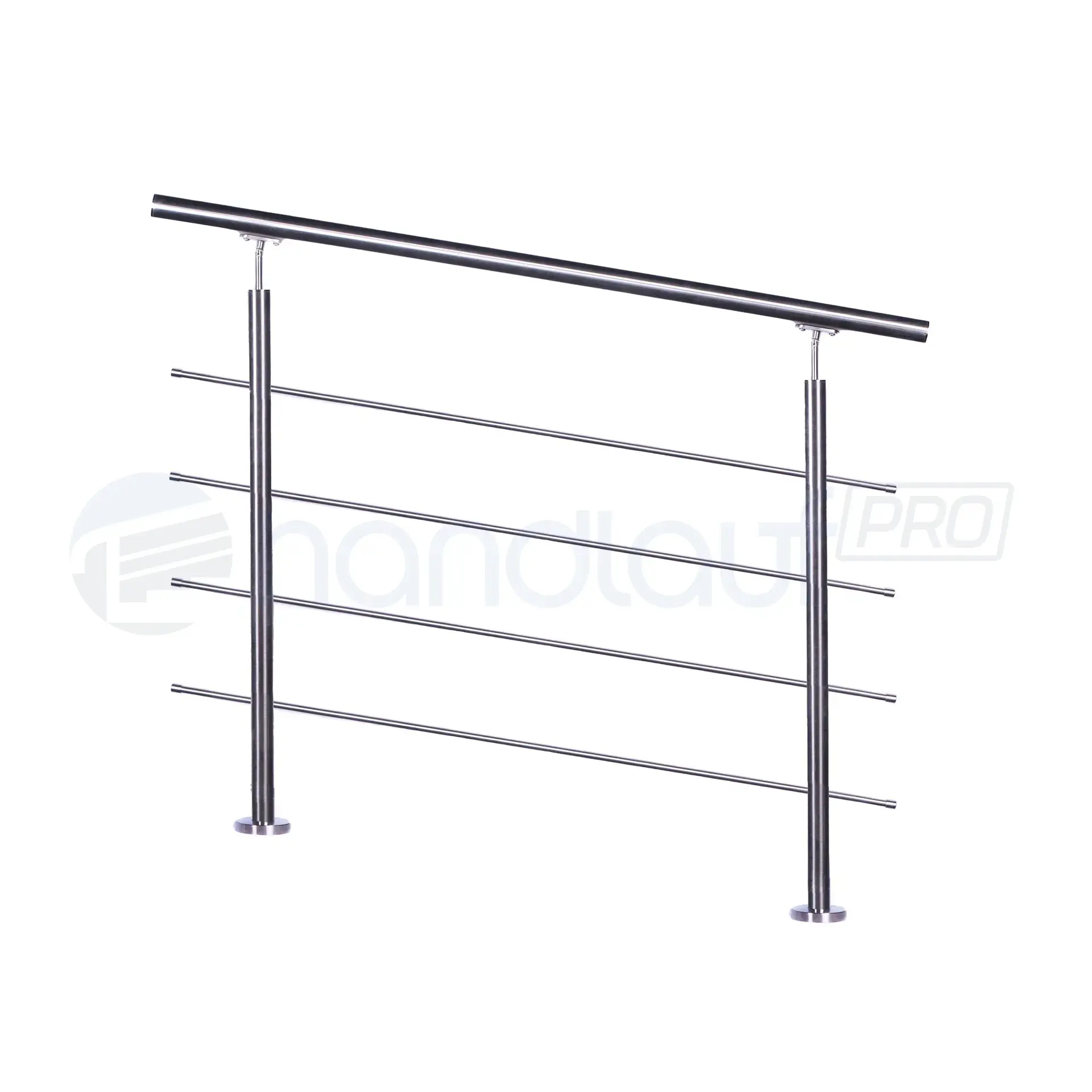 Edelstahlrelinggeländer mit vier Querstäben, aufgesetzt. Robust und stilvoll für den anspruchsvollen Außenbereich.